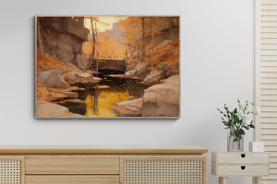 Autumn Gorge Stone Bridge Golden Stream Fall Forest Scenic Wall Art