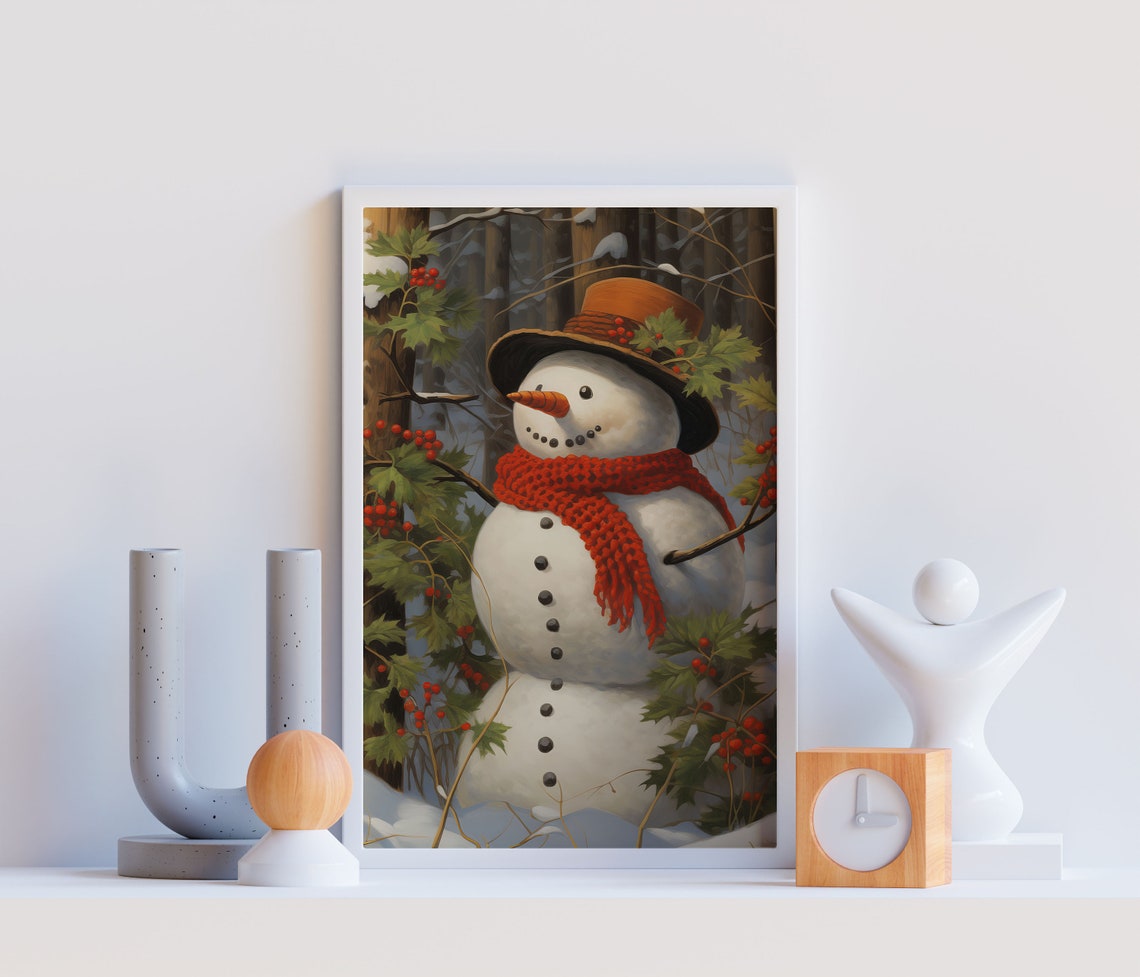 Winter Landscape Snowman Painting Print Vintage Snowman Poster Printable Snowman Painting Winter Country Decor Christmas Farmhouse Decor - Image 3