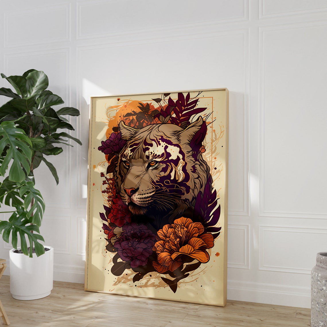 Tiger With Floral Blossoms Vintage Botanical Wildlife Poster - Image 2