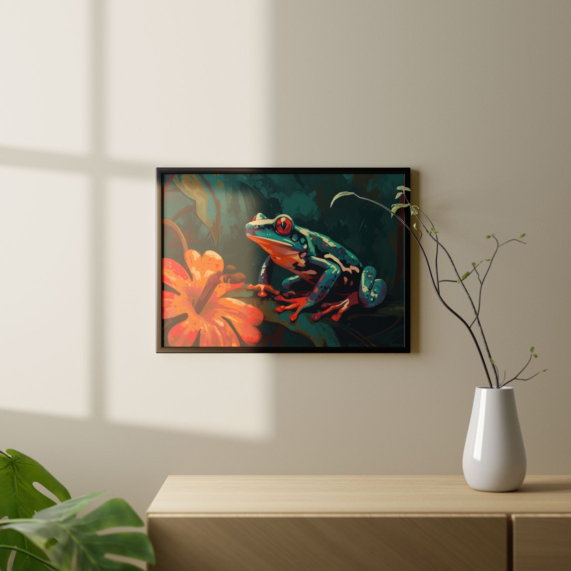 Red Eyed Tree Frog Perched by Orange Blossom Jungle Art Poster - Image 2