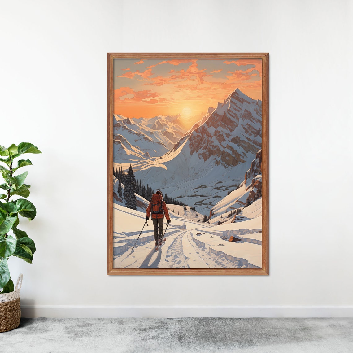 Sunset Hiker Red Backpack Snowy Ridge Alpine Golden Hour Wall Art - Image 3