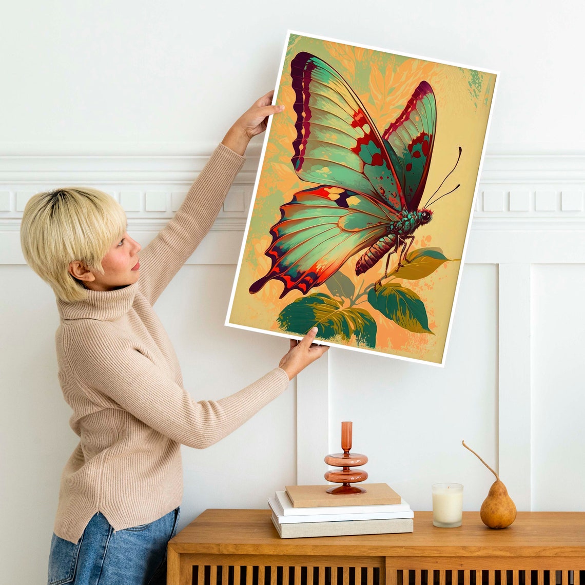 Green Butterfly Poster Red Edged Wings Cream Botanical Vintage Art - Image 2