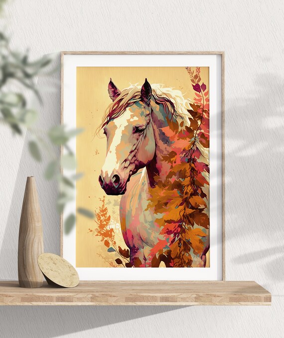 White Horse Portrait Watercolor Autumn Floral Meadow Scene Poster