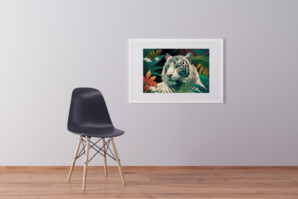 White Tiger Lush Jungle Foliage Modern Tropical Wildlife Poster - Image 2