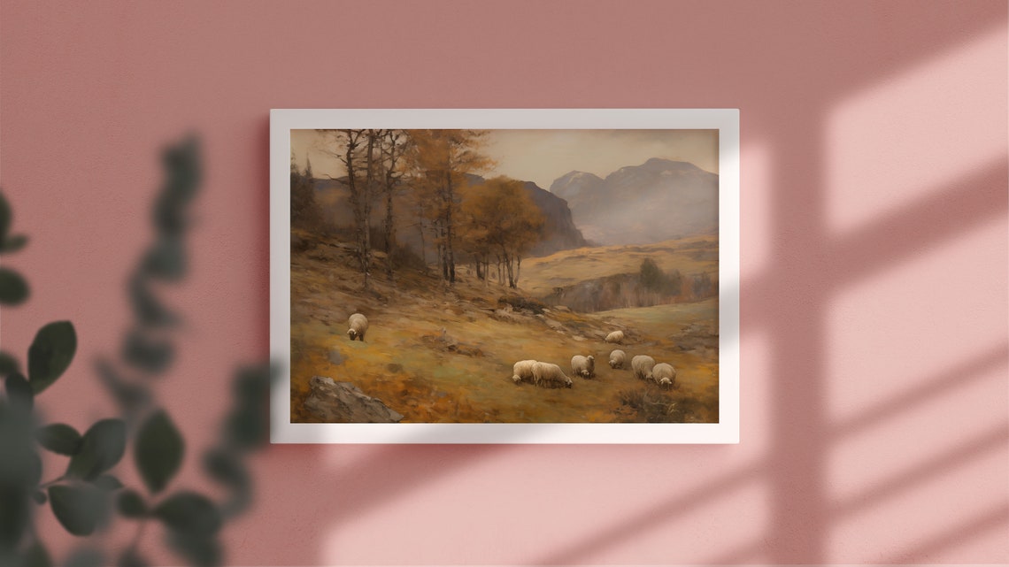 Vintage Farm Fine Art Print European Landscape Sheep Grazing Rural Pasture Painting Antique Pastoral Scene Lamb Art Flock Of Sheep Art - Image 2