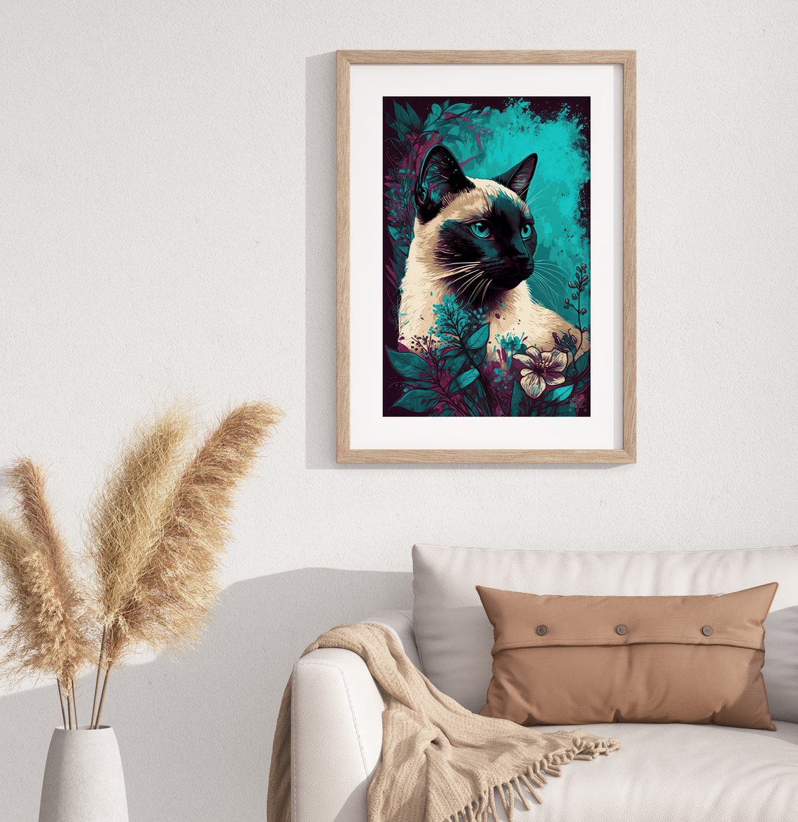 Siamese Cat Portrait Blue Eyes Teal Floral Jungle Art Poster