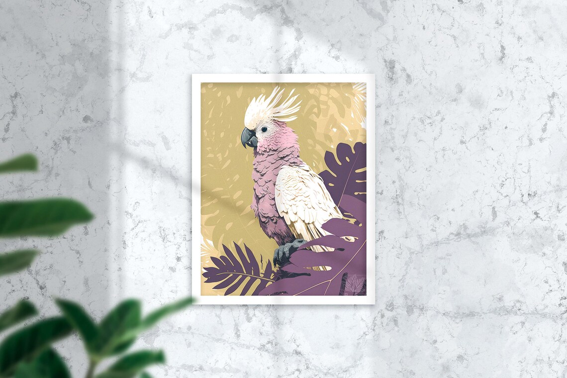 Pink Cockatoo Poster Golden Tropical Bird With Purple Leaves Art - Image 2