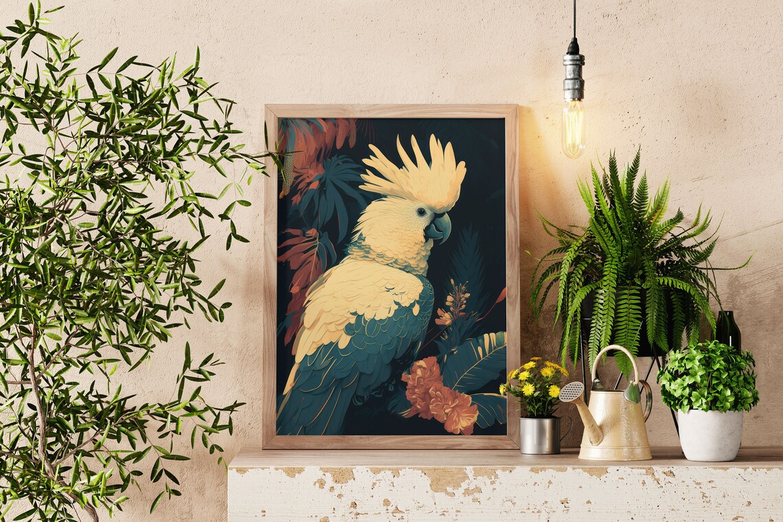 White Cockatoo Tropical Bird Dark Moody Jungle Botanical Poster - Image 2