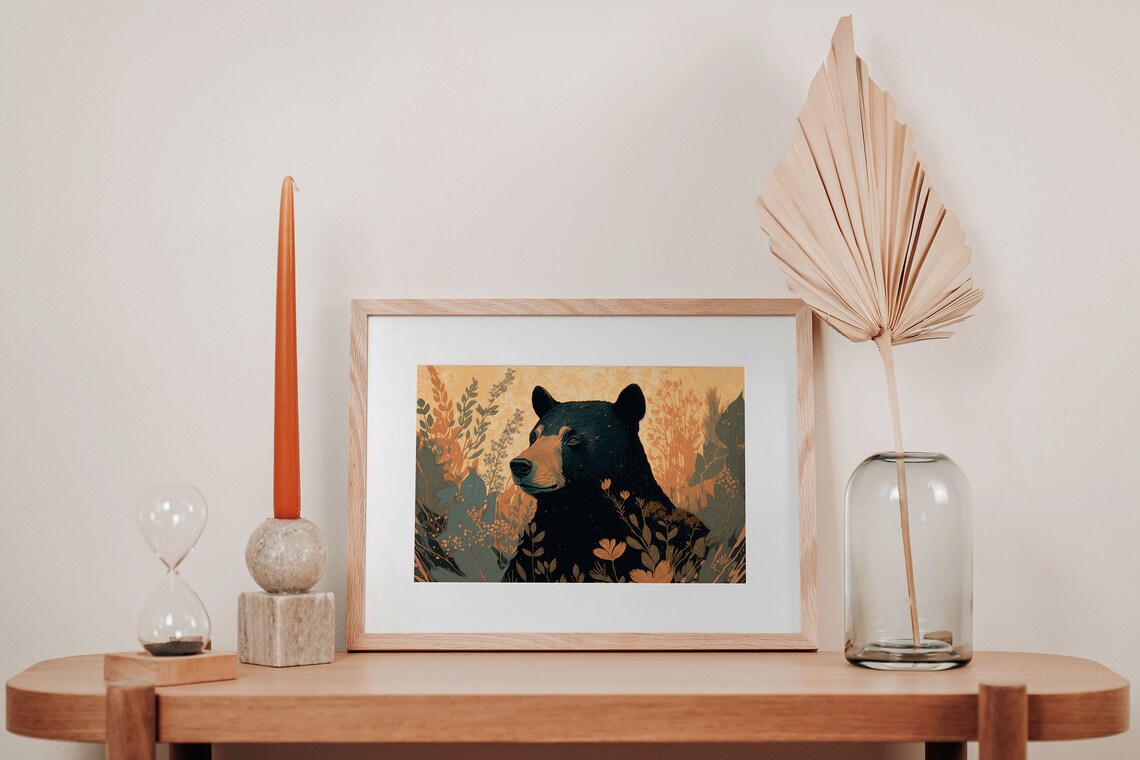 Black Bear Golden Wildflowers Profile Vintage Wildlife Poster - Image 3