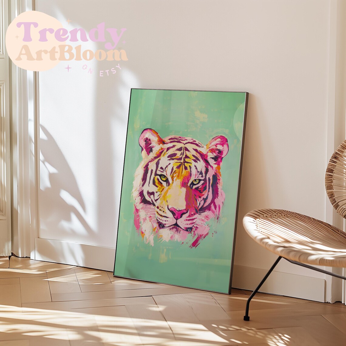 Pop Art Pink and Purple Tiger Face Portrait on Mint Green Poster - Image 2