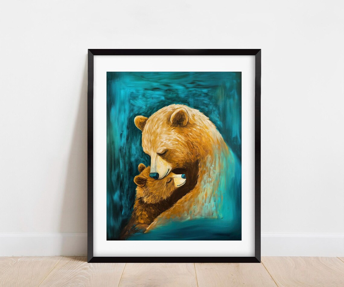 Tender Mama Bear Embracing Her Cub on Deep Teal Background Poster - Image 3