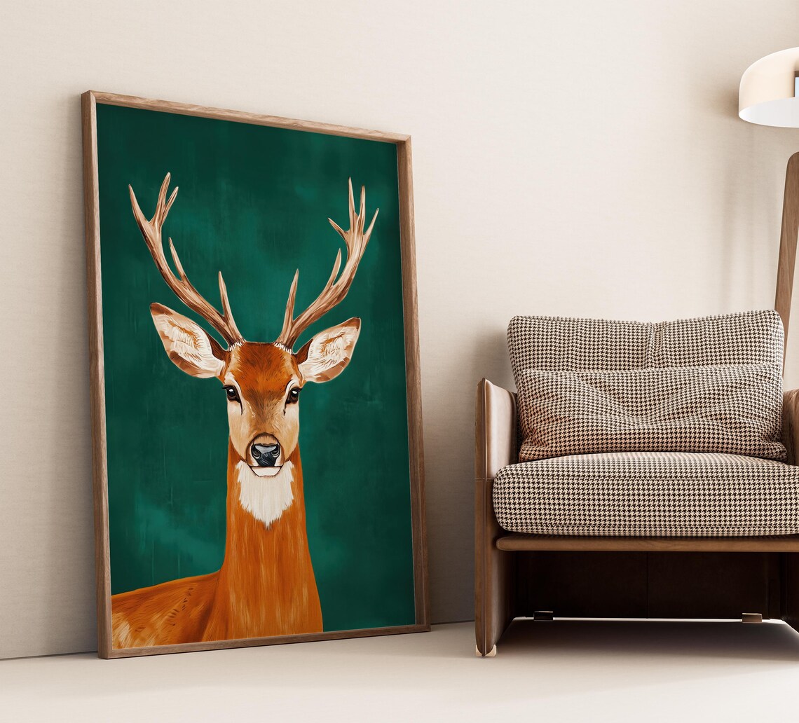 Majestic Stag With Antlers Emerald Green Background Wildlife Art Poster - Image 4