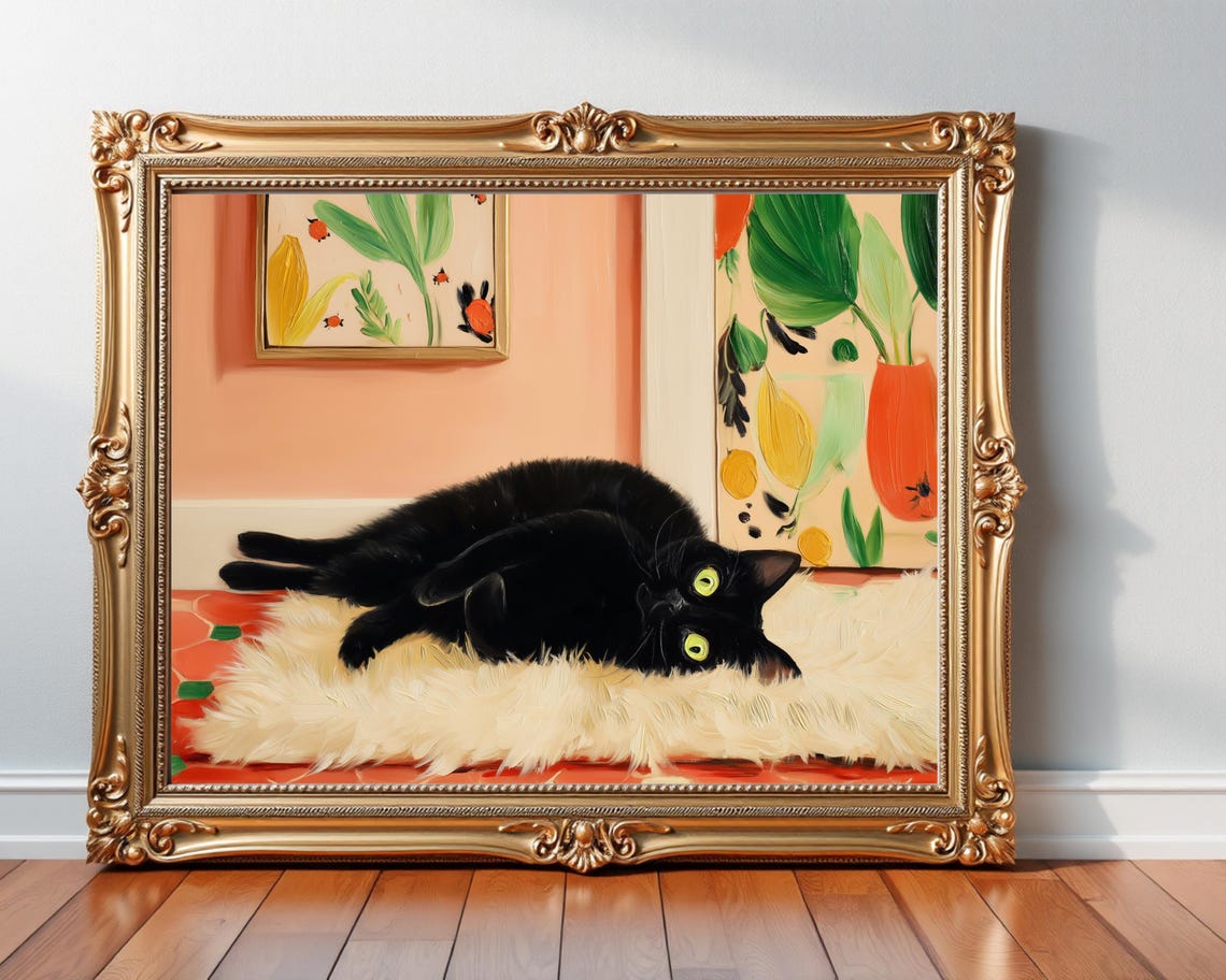 Black Cat Lounging On Fluffy Shag Rug Vintage Style Funny Cat Poster