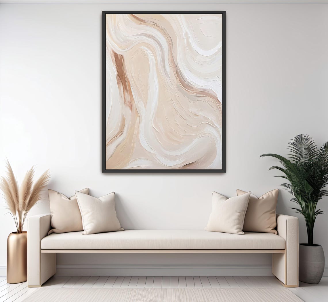 Hand Painted Abstract Acrylic Painting Large Artwork Wall Art Light Beige Neutral Tan White Ivory Sand Textured Framed Wall Decor - Image 4
