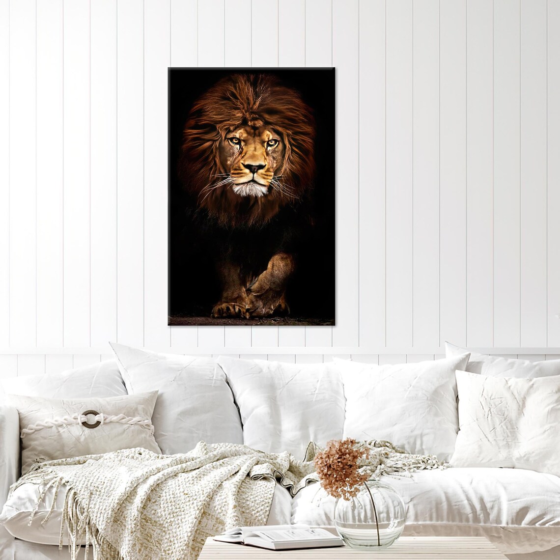 Male Lion with a Full Mane Stepping Out of Deep Darkness Poster