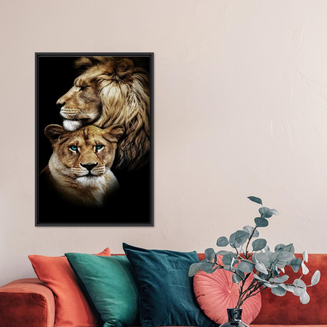 Lion and Lioness Couple Portrait Glowing on Black Background Poster - Image 3