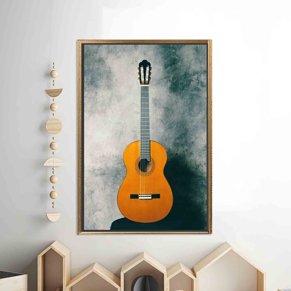 Classical Acoustic Guitar on Moody Teal Grunge Backdrop Poster - Image 2