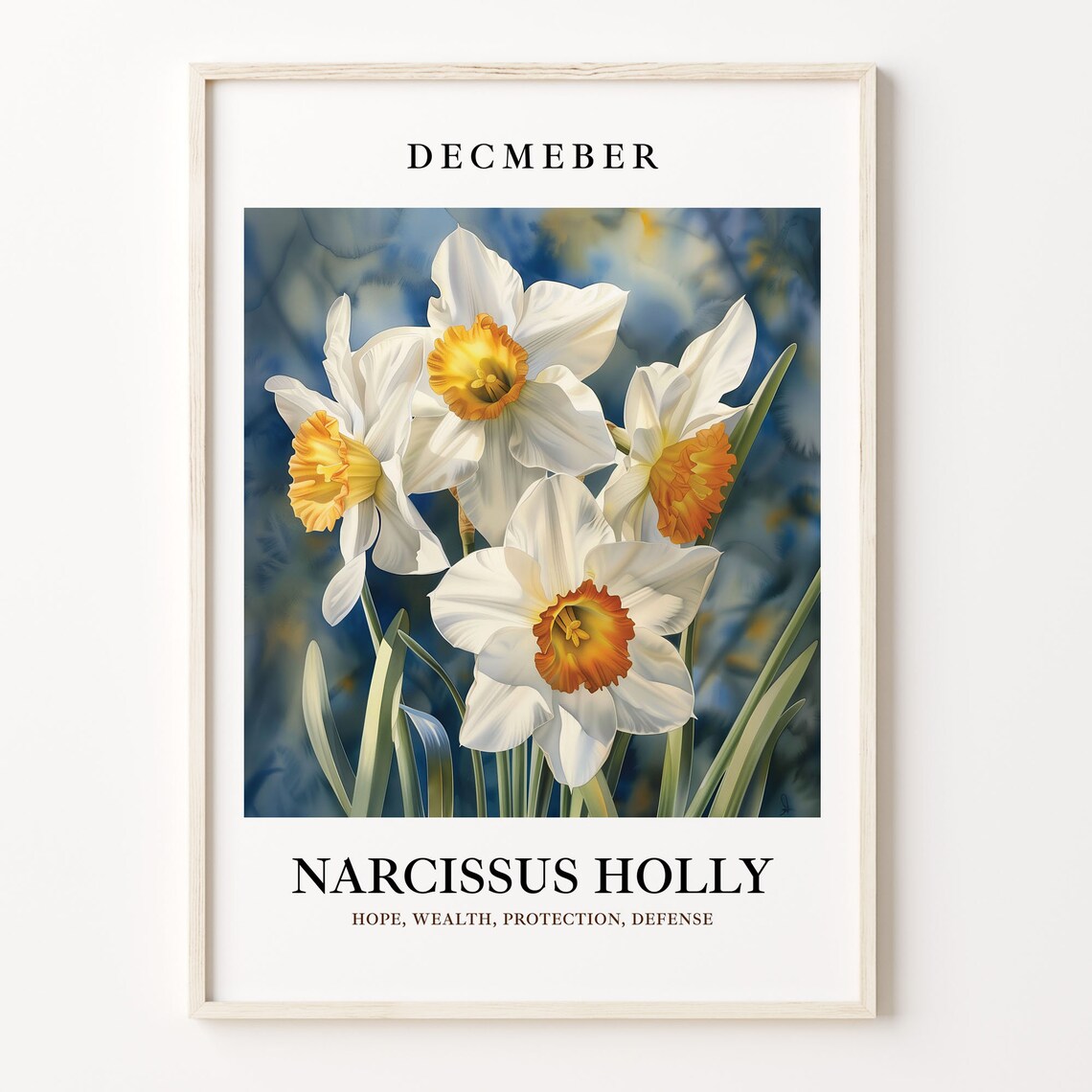 December Winter Narcissus Holly Flower Botanical Holiday Art Poster