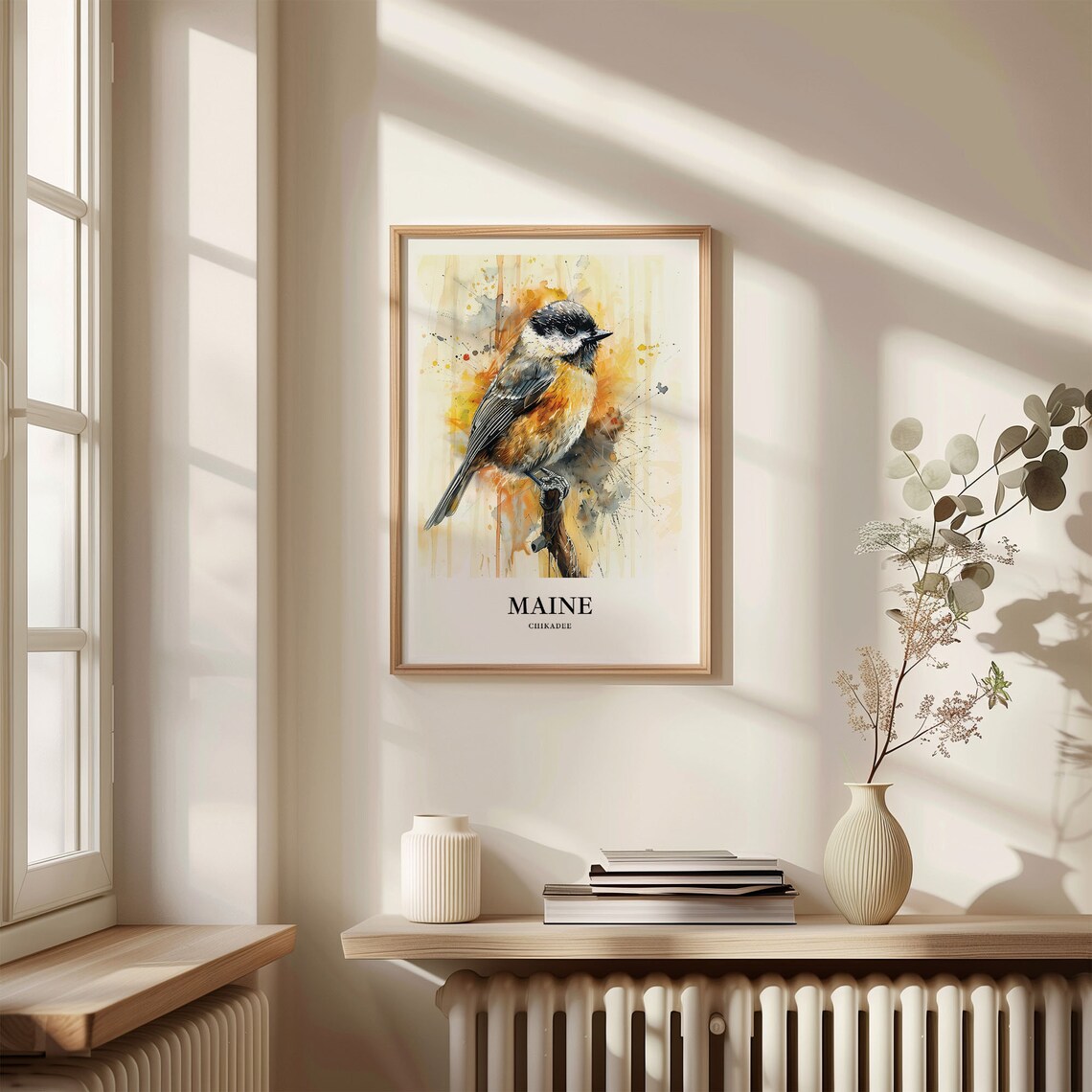 Maine Chickadee Songbird Native Amber Watercolor Bird Art Poster - Image 3