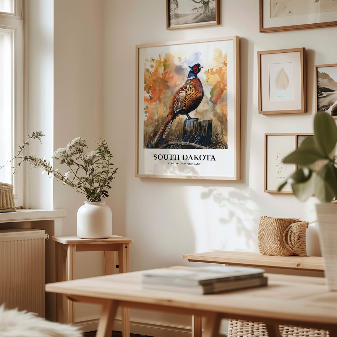 South Dakota Ring Necked Pheasant Prairie Watercolor Bird Art Poster - Image 2
