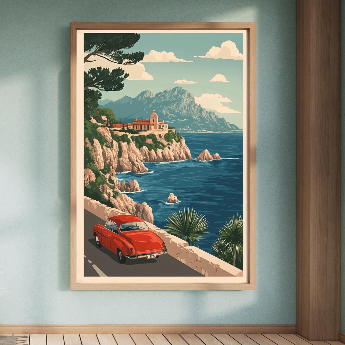 Red Vintage Car Mediterranean Coastal Road Retro Travel Poster