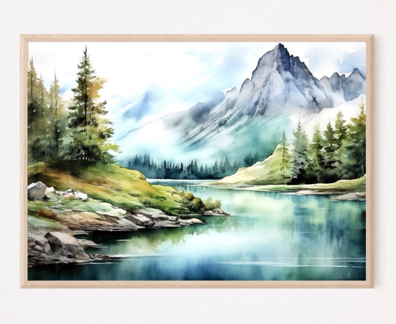 Mountain Landscape Watercolor Print Mountain Lake Large Wall Art Mountain Landscape Home Decor Gift Art