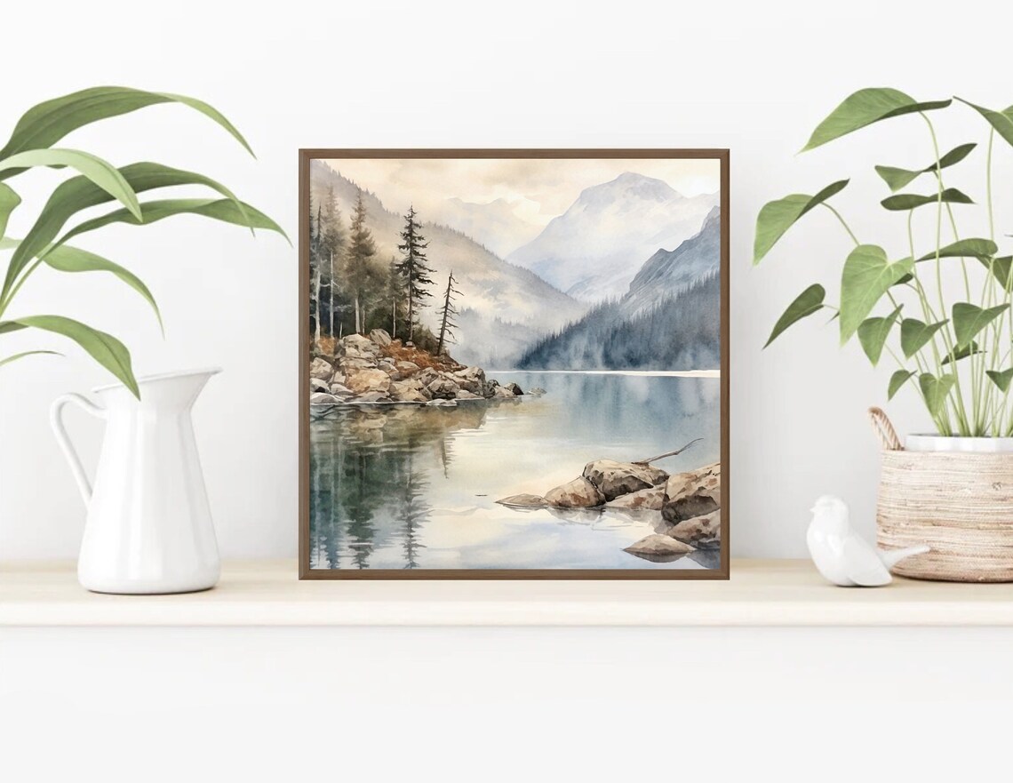 Neutral Mountain Lake with Rocky Shoreline Watercolor Landscape Poster - Image 4