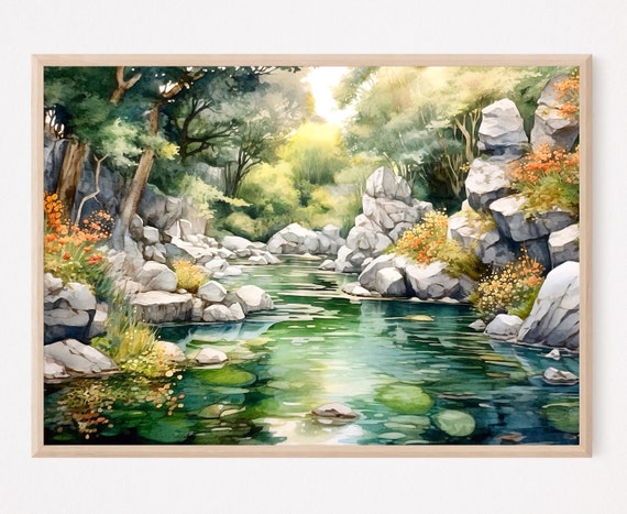 Forest River Wall Art Forest River Watercolor Art Nature Print Green Forest Painting Poster Landscape Print Wall Art Living Room Decor