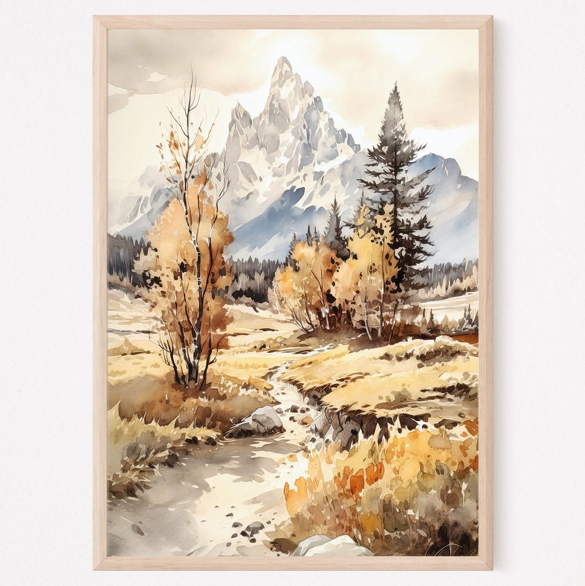Golden Autumn Valley Stream Rugged Peak Fall Watercolor Poster