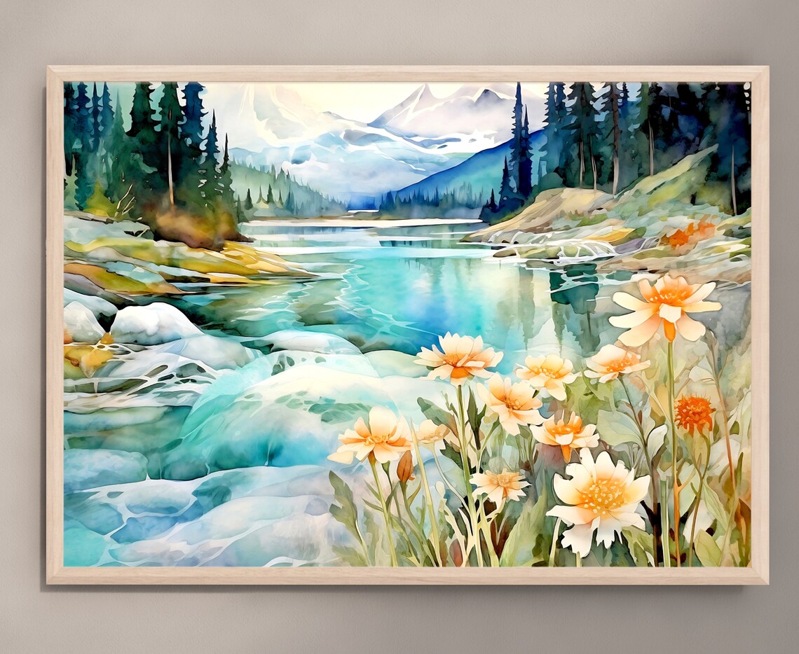 Mountain Landscape With Lake Meadow Flowers Art Print - Image 4