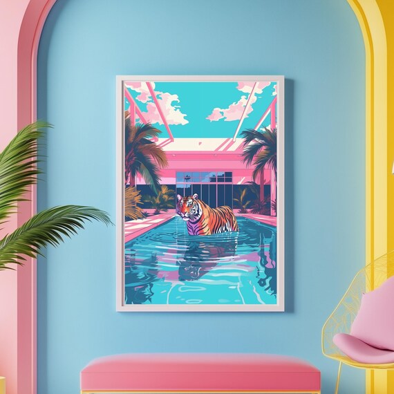Tiger Wading in a Blue Pool at a Pink Palm Springs Villa Poster