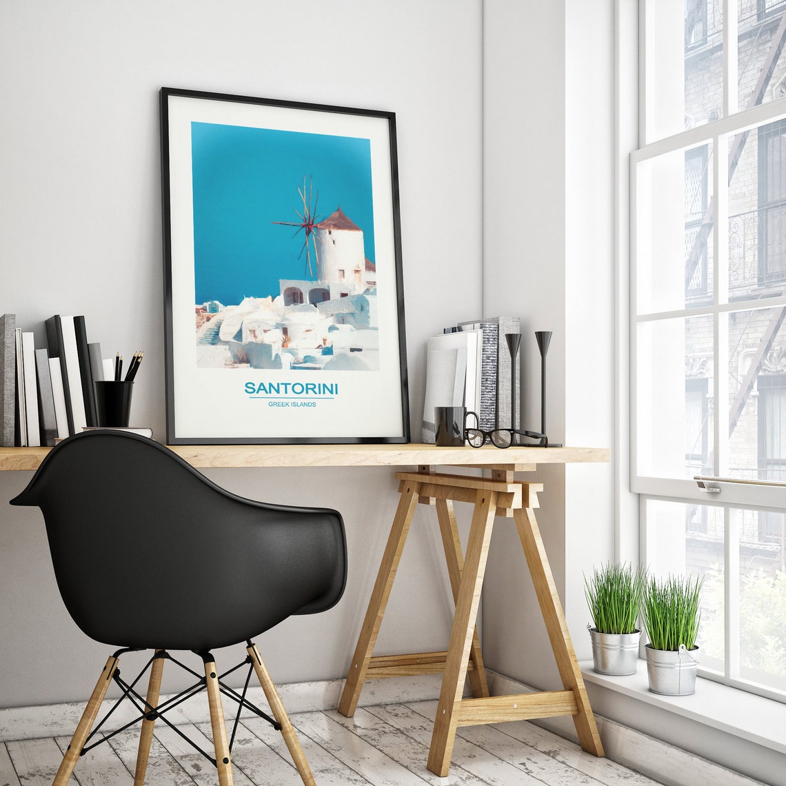 Santorini Greek Islands Windmill Blue Domes Mediterranean Poster