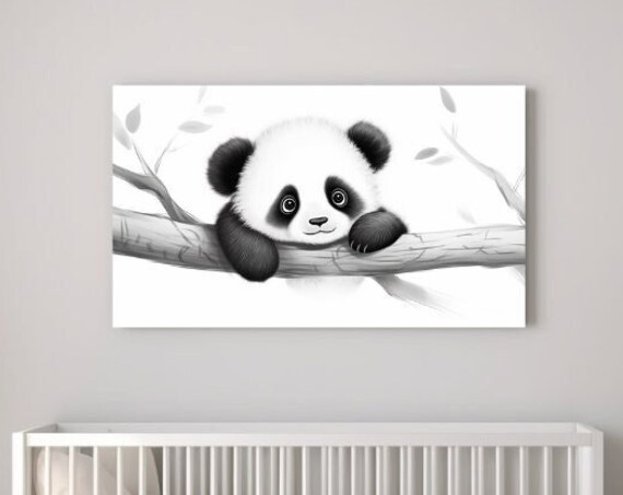 Baby Panda On Tree Branch Black And White Cute Nursery Poster Print