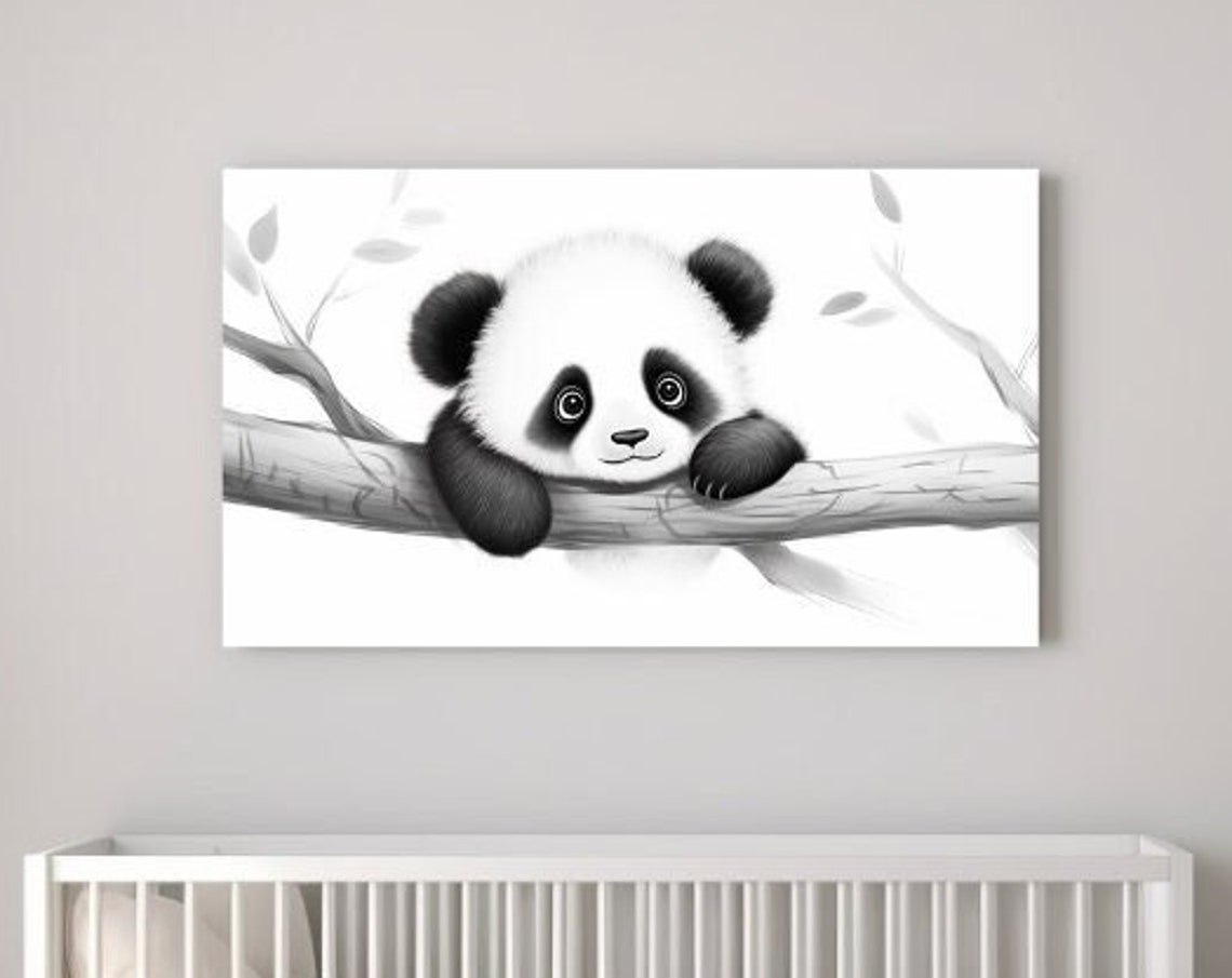 Baby Panda On Tree Branch Black And White Cute Nursery Poster Print