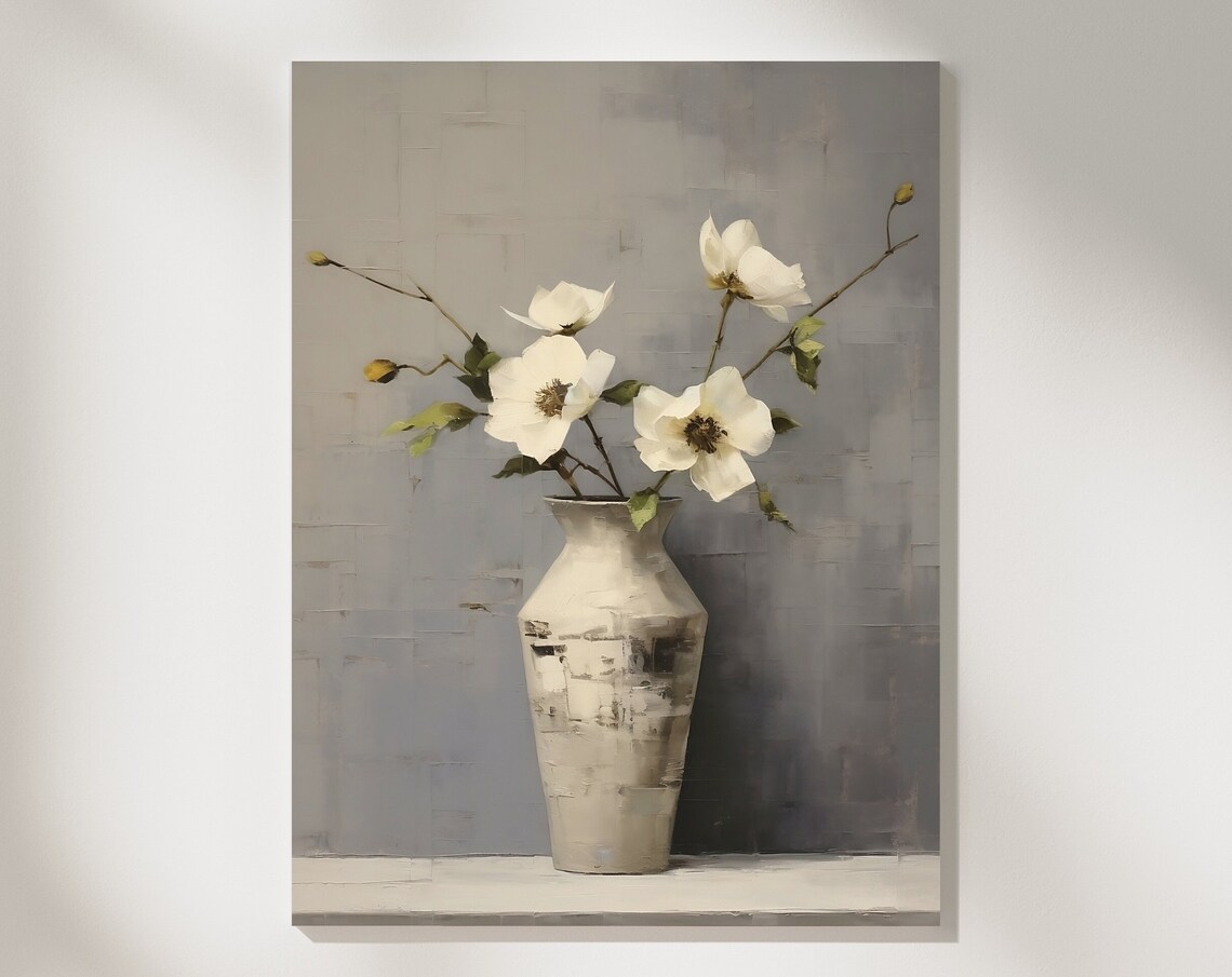 White Dogwood Blossoms Ceramic Vase Gray Still Life Floral Poster