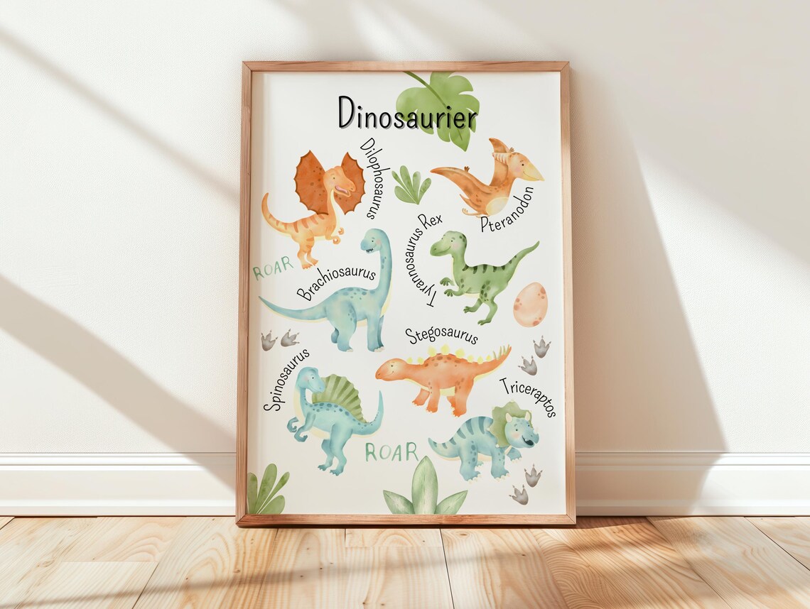 Dinosaurier German Dinosaurs Watercolor Learning Kids Room Poster