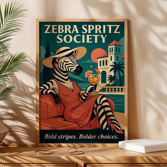 Zebra Spritz Society Retro Italian Coast Cocktail Poster Art