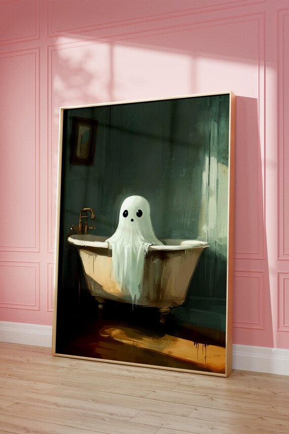 Cute Little Ghost in Vintage Bathtub Moody Green Painterly Halloween Poster