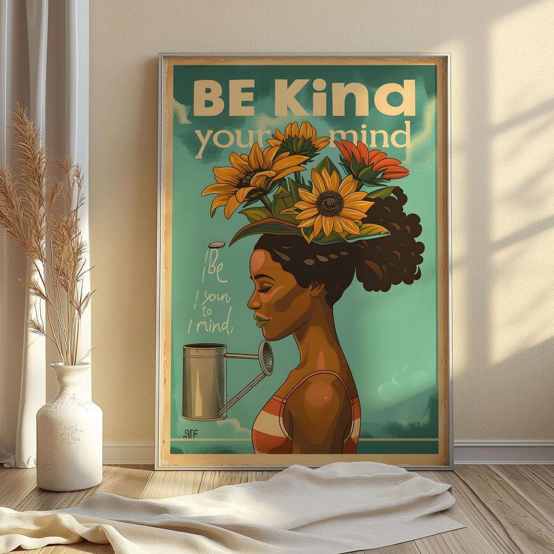 Be Kind to Your Mind Retro Floral Head Vintage Self Care Quote Poster - Image 2