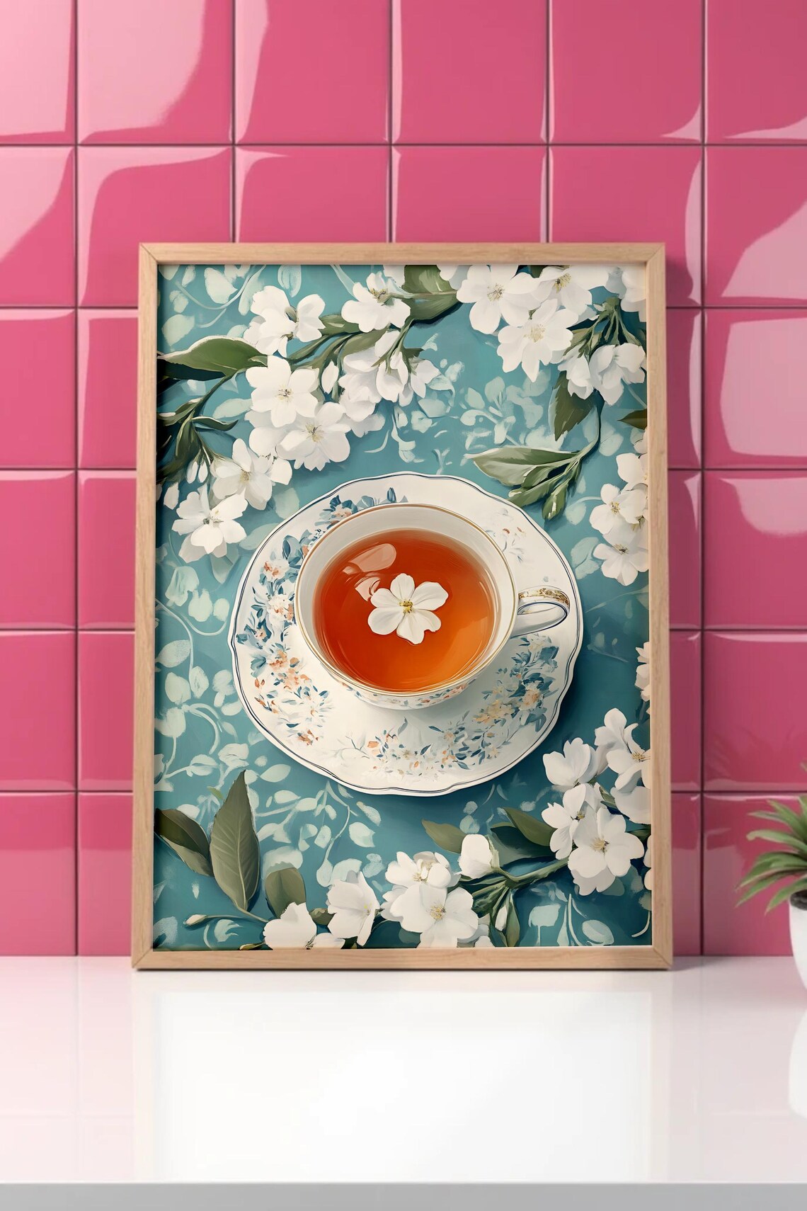Floral Teacup Jasmine Blossom Teal Botanical Coffee Nook Poster - Image 3