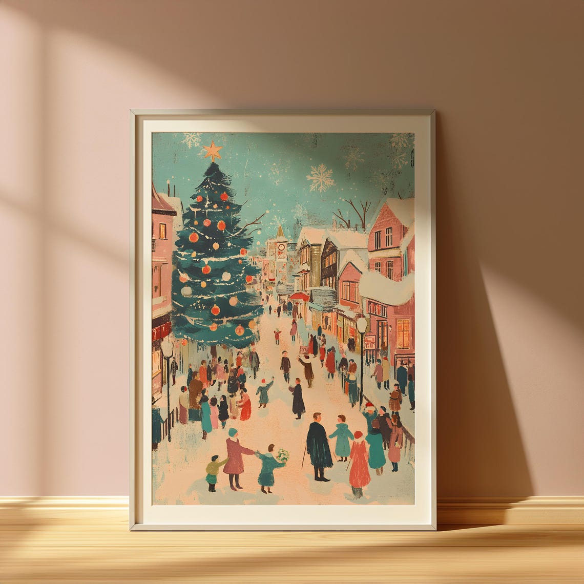Christmas Eve Town Square Tree Festive Crowd Vintage Holiday Poster - Image 3