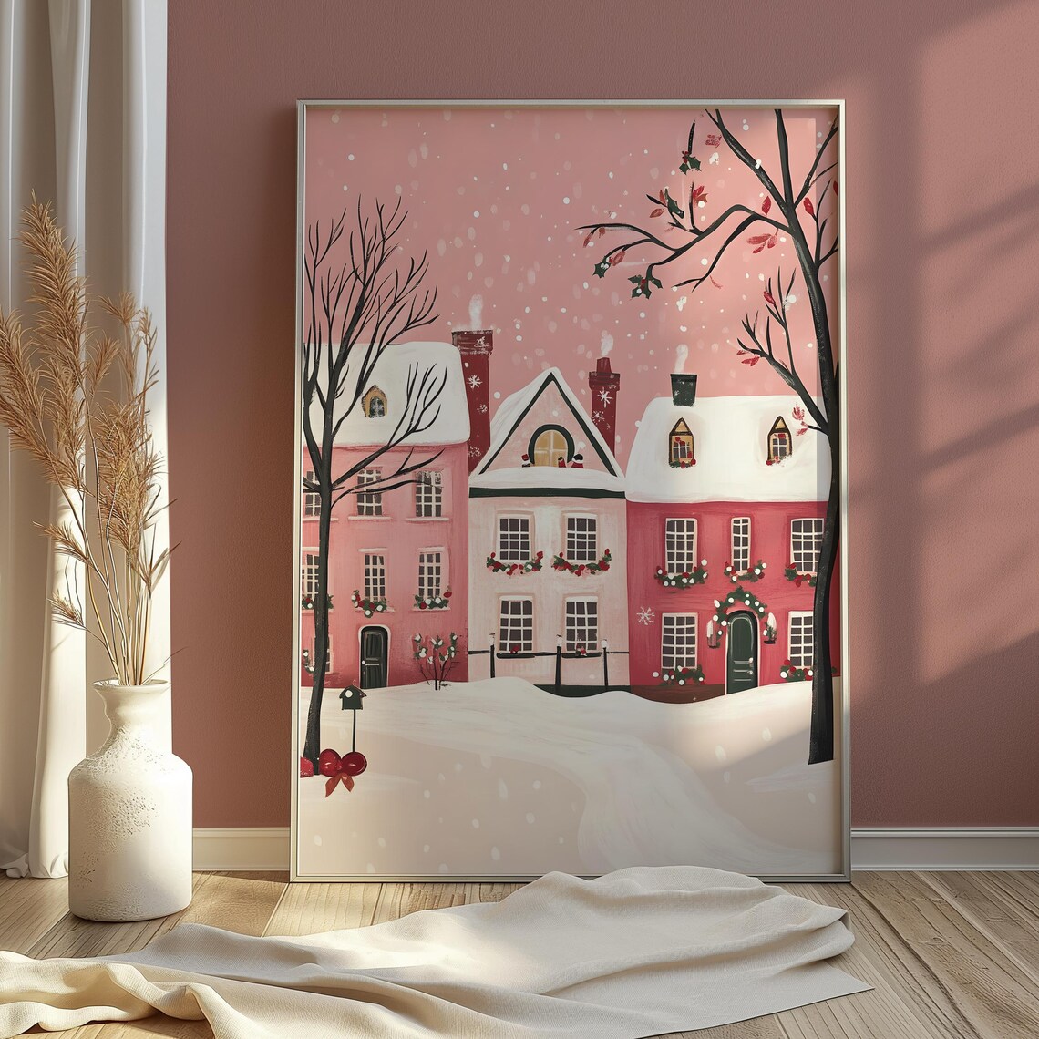 Pink Winter Village Snowy Houses Christmas Pastel Holiday Poster - Image 3