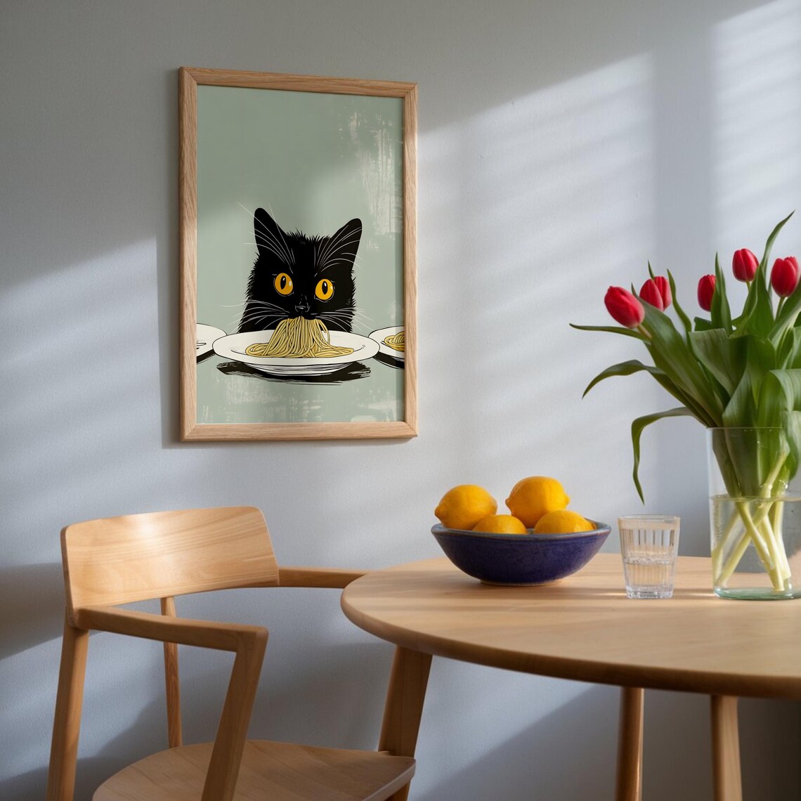 Black Cat Eating Spaghetti Funny Kitchen Cat Humor Art Poster - Image 3