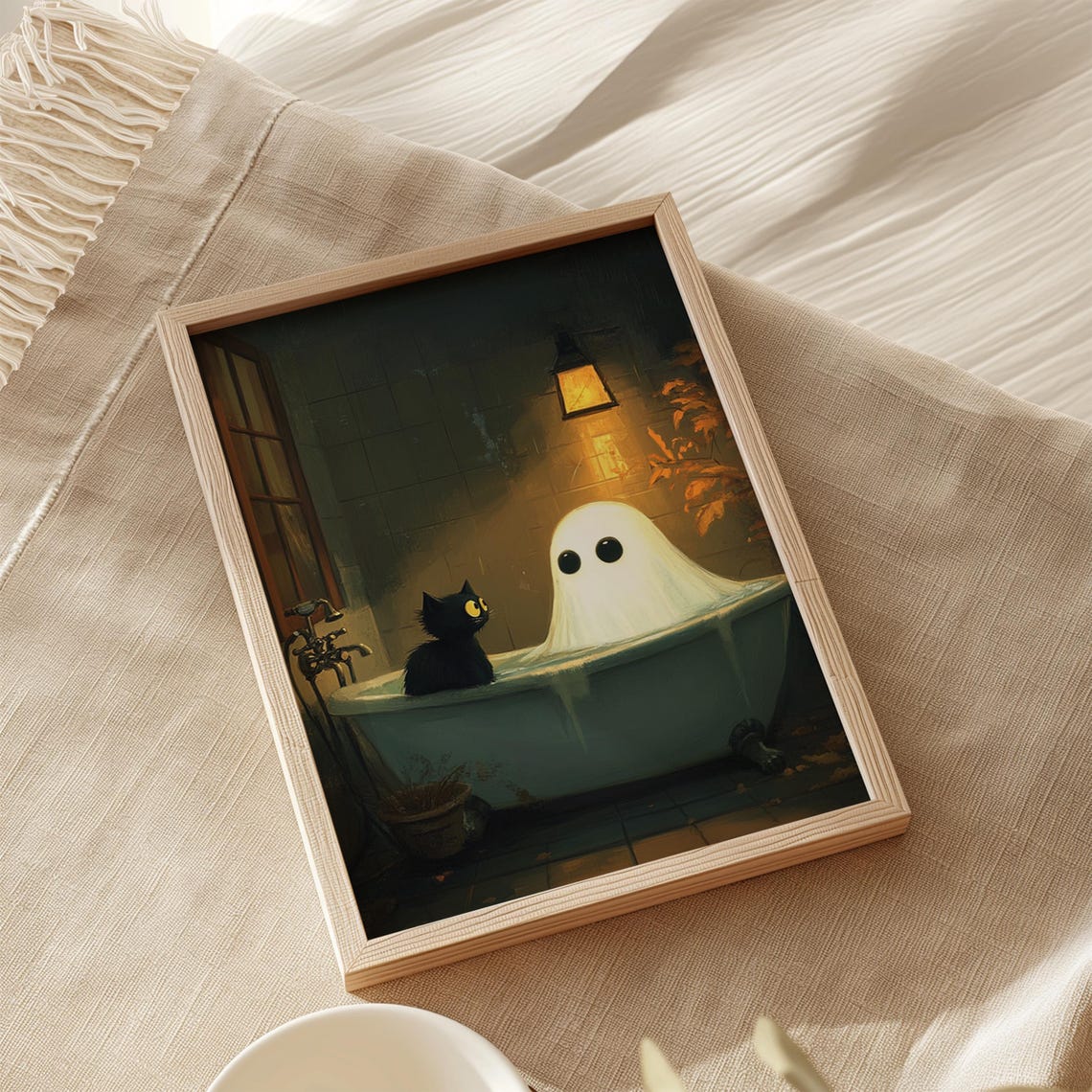 Ghost and Black Cat Bath Time Moody Spooky Halloween Painterly Poster - Image 2