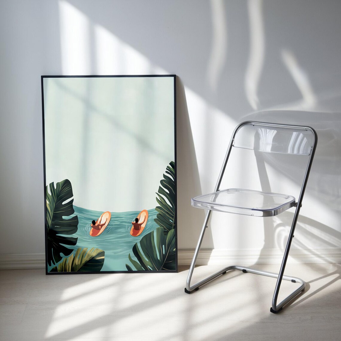 Surfers Paddling Tropical Ocean Monstera Minimalist Summer Poster
