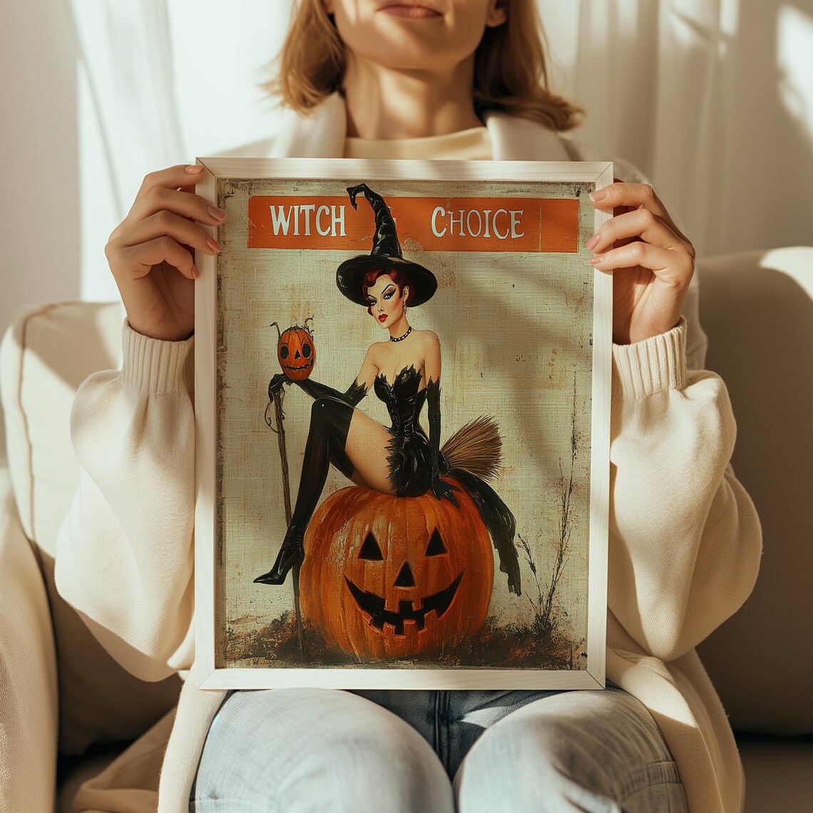 Vintage Witch Choice Pin-Up Sitting on Jack-O-Lantern Halloween Poster - Image 2