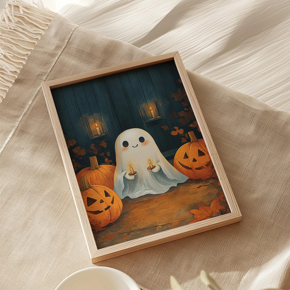Cute Ghost Holding Candles With Pumpkins Cozy Halloween Poster - Image 2