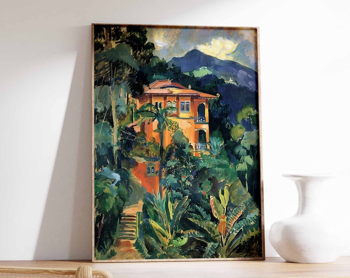 Moody Night Mountain Villa in Tropical Foliage Dark Landscape Poster
