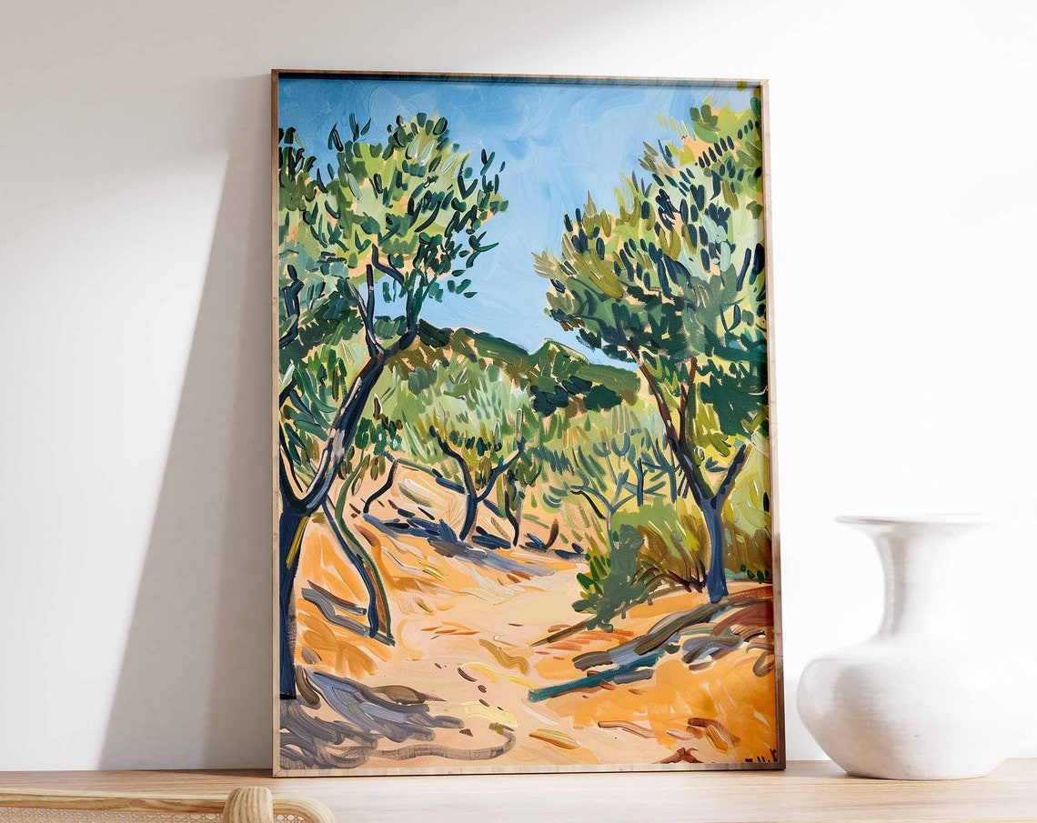 Olive Tree Path Under Bright Blue Sky Landscape Art Print Wall Decor