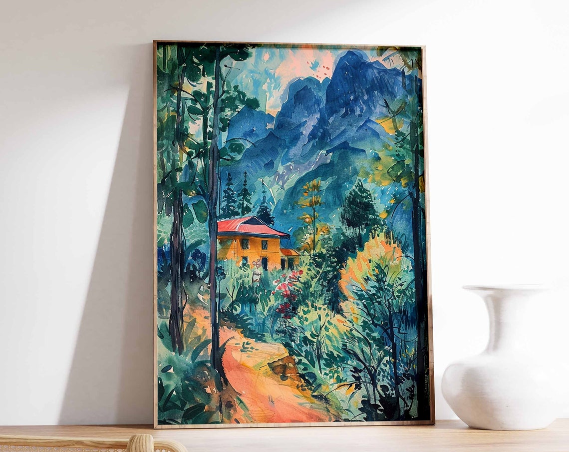 Orange Cabin Among Pine Trees Blue Mountain Watercolor Art Poster